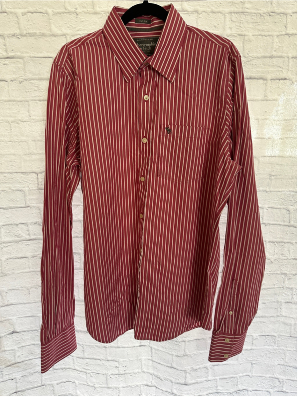 Abercrombie & Fitch Mens XL Striped Dress Shirt Red White Muscle Fit Cotton - Picture 2 of 5